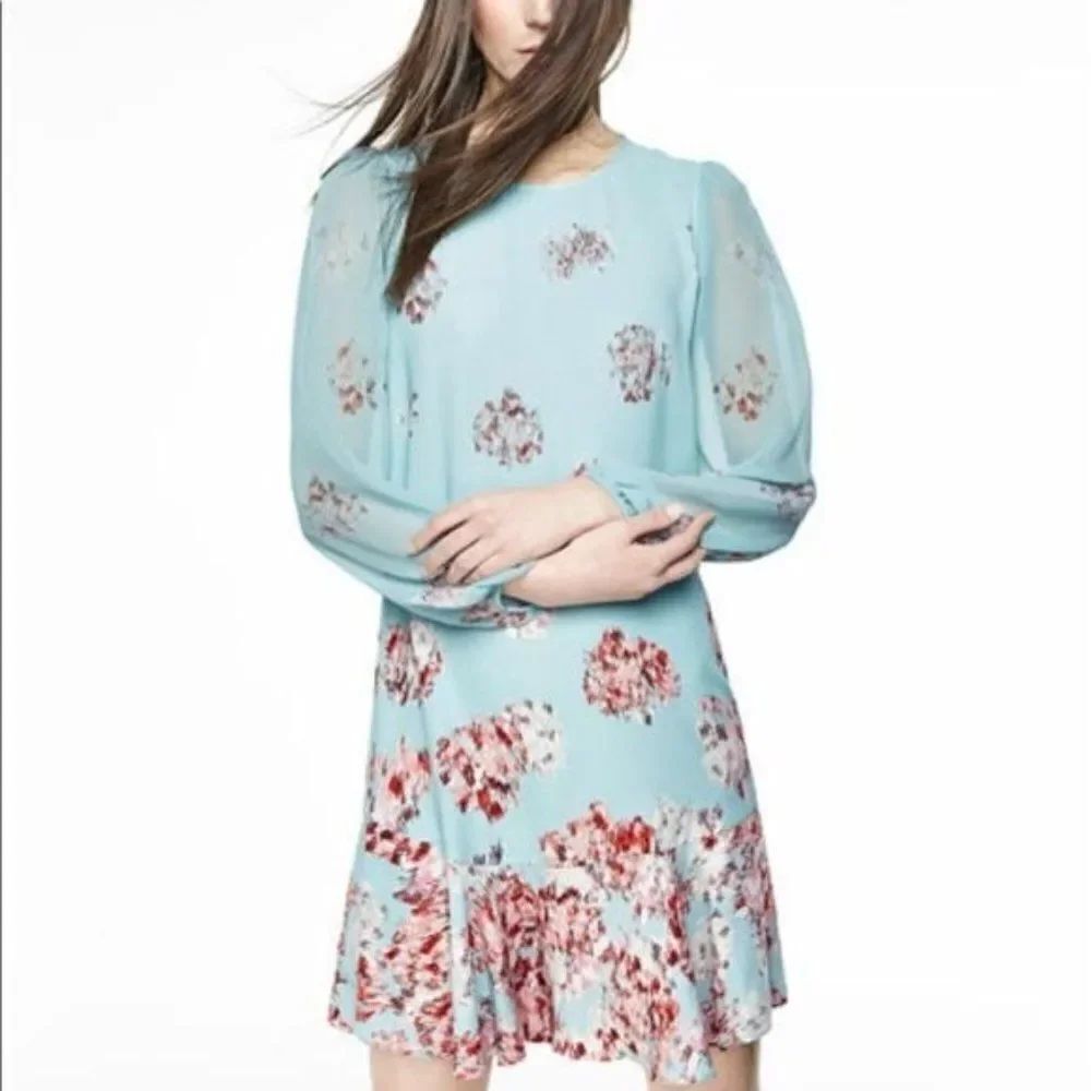 BCBG MaxAzria Bailee Long Sleeve Flounce Hem Floral Shift Dress Size M
